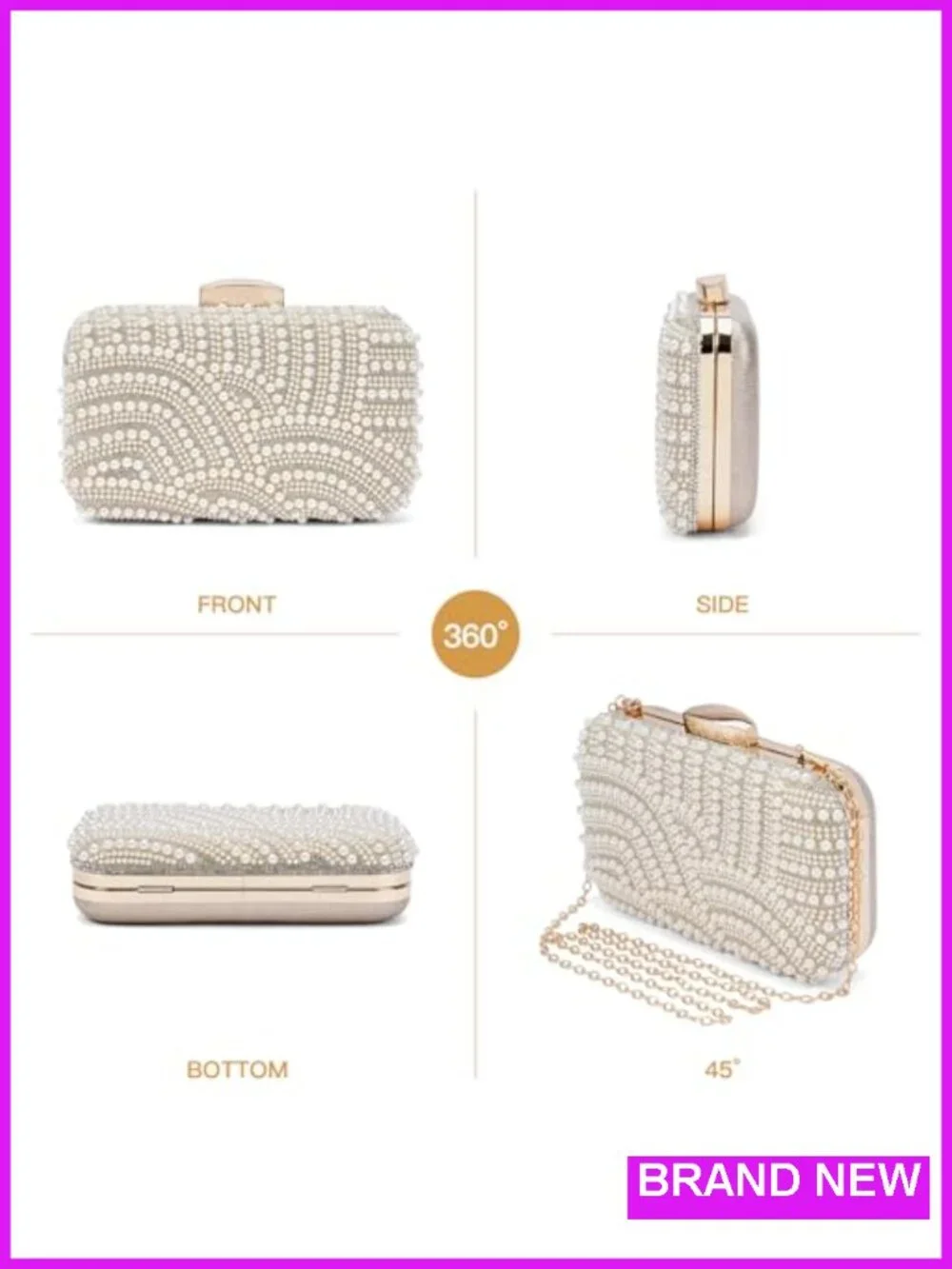 Pearl Crystal Evening Clutch with Chain, Bridal Party Purse, Twist Lock Handbag